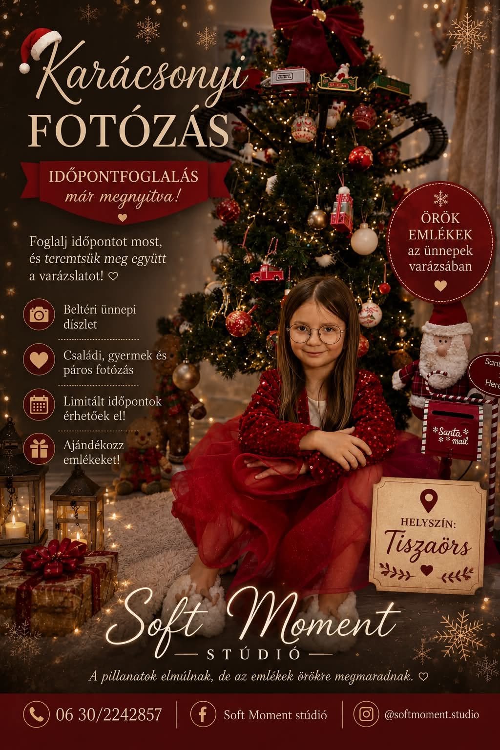 Karácsonyi fotózás plakát: kislány piros ruhában a feldíszített karácsonyfa előtt, helyszín Tiszaörs